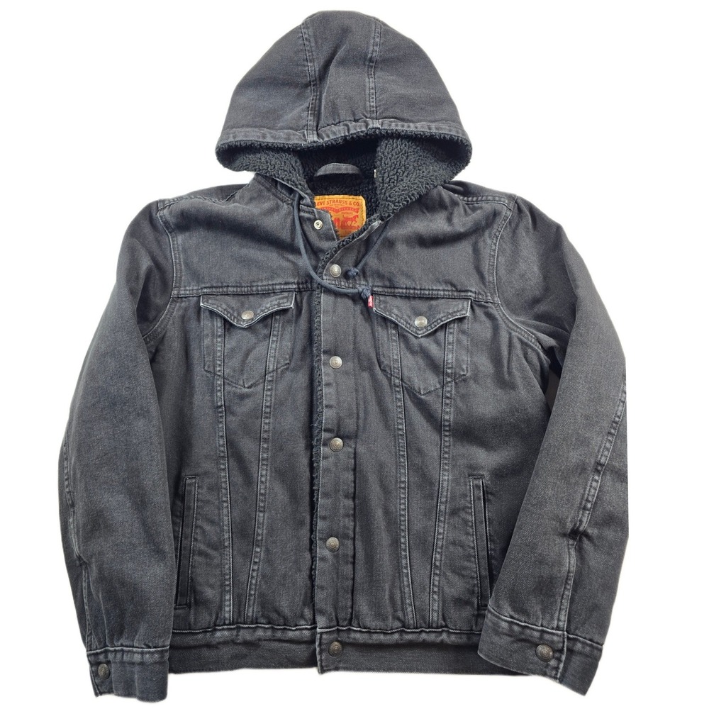 Levis Sherpa Denim Trucker Jacket Mens Medium Black Jean Lined Hooded Coat Hoody